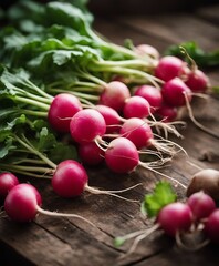 freshly picked organic radishes from the field on a wooden surface

