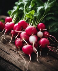 freshly picked organic radishes from the field on a wooden surface

