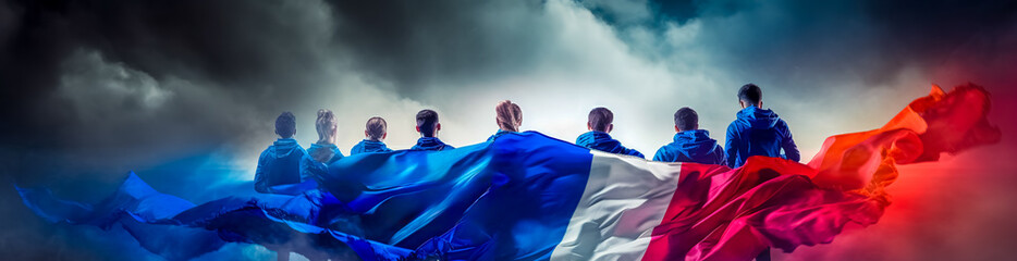 athletes with french flag at paris 2024 olympics, banner