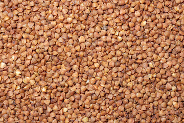 Dry Uncooked Brown Buckwheat Groats Background - Top View, Flat Lay. Raw Large Buckwheat Grains. Russian, Ukrainian and Belarusian Culture - obrazy, fototapety, plakaty