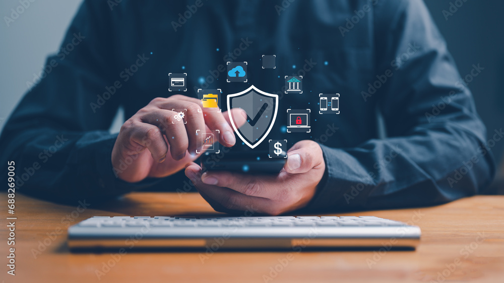 Poster cybersecurity and privacy concepts to protect data. lock icon and internet network security technolo