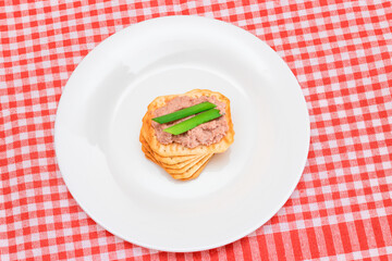 Crispy Salted Cracker with Liver Pate and Green Onions on White Plate. Easy Snack