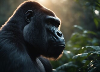Obraz premium muscular male gorilla sitting at the jungle, foggy weather, sun is at back 