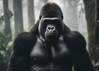Obraz premium muscular male gorilla sitting at the jungle, foggy weather, sun is at back 