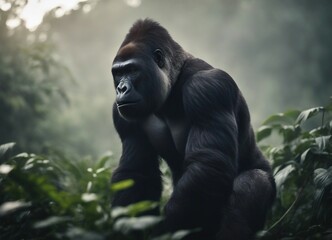 muscular male gorilla sitting at the jungle, foggy weather, sun is at back
