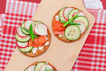 Crispy Cracker Sandwiches with Fresh Salmon, Cucumber, Radish, Cottage Cheese and Green Onions. Easy Breakfast. Quick and Healthy Sandwiches. Crispbread with Tasty Filling. Healthy Dietary Snack