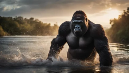 Foto op Plexiglas muscular male gorilla crossing the river, splashing and droplets, smoky weather, sunset  © abu