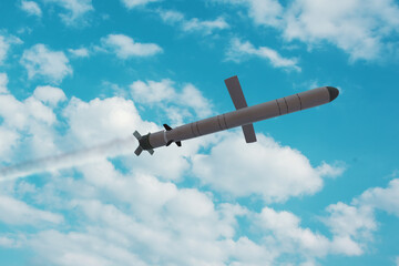 Kalibr cruise missile flies in the sky, smoke trail from the launch of the missile. Concept: war in...