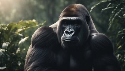 muscular male gorilla sitting at the jungle, foggy weather, sun is at back
