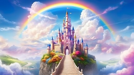 The majestic castle in the clouds with the stairs from the rainbow