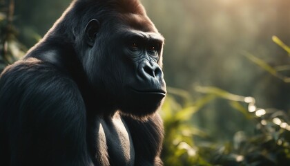 muscular male gorilla sitting at the jungle, foggy weather, sun is at back
