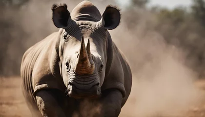 Poster portrait of a rhino at the Africa wild life, running to the camera in dust and smoke © abu