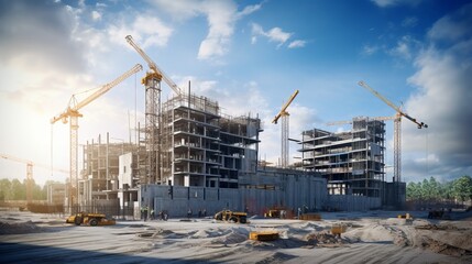 Building under construction, crane and building construction site on sunset daytime, industrial development