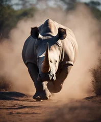 Fotobehang portrait of a rhino at the Africa wild life, running to the camera in dust and smoke © abu
