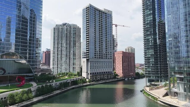 Ariel view of the Downtown Chicago River view form a drone 