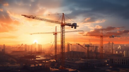 Building under construction, crane and building construction site on sunset daytime, industrial...