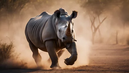 Plexiglas foto achterwand portrait of a rhino at the Africa wild life, running to the camera in dust and smoke © abu