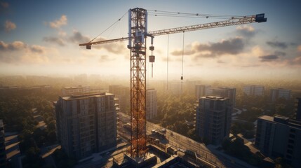 Building under construction, crane and building construction site on sunset daytime, industrial development - obrazy, fototapety, plakaty