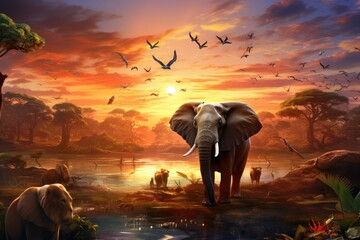 Elephants in the savannah with birds and sunset background, wild animals at dusk savannah scenery...