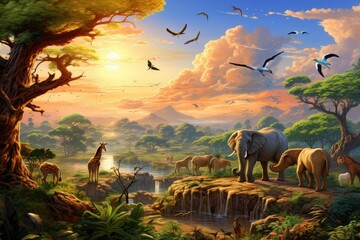 Elephants in the jungle at sunset, illustration for children, Amazing sunset and sunrise, wildlife illustration, illustration of a bright sunset in africa, safari with wild animals - obrazy, fototapety, plakaty