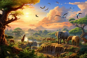 Zelfklevend Fotobehang Elephants in the jungle at sunset, illustration for children, Amazing sunset and sunrise, wildlife illustration, illustration of a bright sunset in africa, safari with wild animals © Jahan Mirovi