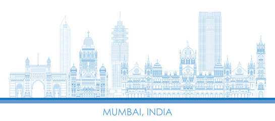 Outline Skyline panorama of city of Mumbai, India - vector illustration - obrazy, fototapety, plakaty