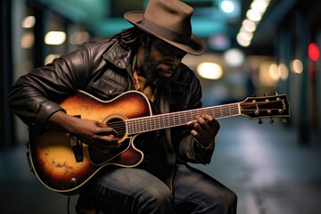 African American man playing guitar in the city street at night, street performer, street photography, Homeless Street Performer is Playing Guitar