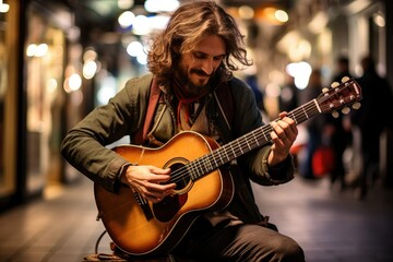 Fototapeta premium Handsome man playing guitar in the street at night, Urban lifestyle, Street performer playing guitar on street at night, Street Photography a bustling cityscape