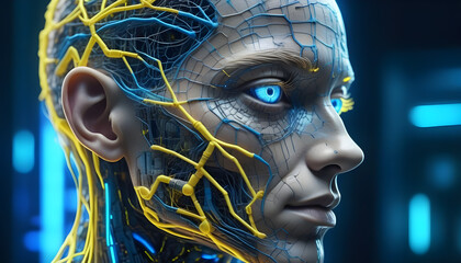 Side view of a humanoid head with blue and yellow eyes and vibrant neon neural network, representing futuristic technology and artificial intelligence reboots created with generative ai