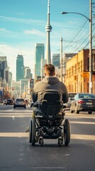 A man in a wheelchair drives around the city