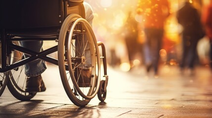 A man in a wheelchair drives around the city