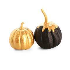 Black and gold painted pumpkins on white background