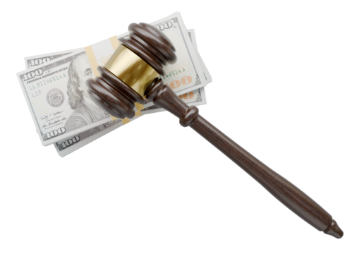 Law Gavel Resting on Stacks of Thousands of Dollars Against a Transparent Background. Transparent PNG.