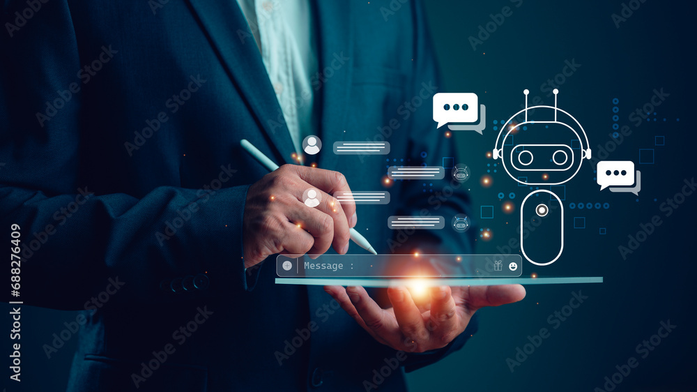 Poster technology and people concept man use ai to help work, ai learning and artificial intelligence conce