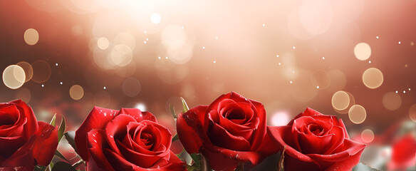 Beautiful red roses and petals on a romantic floral background