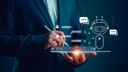 Technology and people concept man use AI to help work, AI Learning and Artificial Intelligence Concept. Business, modern technology, internet and networking concept. AI technology in everyday life.