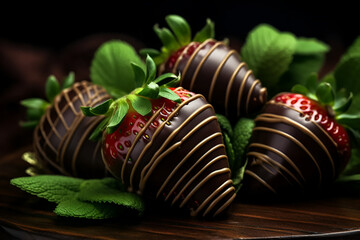 Chocolate-Dipped Strawberries: A close-up shot of four decadent chocolate-dipped strawberries with intricate patterns on a dark wooden surface.