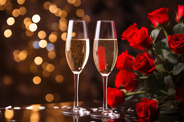 Champagne and roses, two glasses of champagne