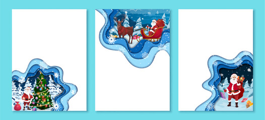 Christmas paper cut banners. Cartoon santa with gifts bag, sleigh and pine tree. Vector holiday greeting card templates with funny Father Noel stand near decorated spruce and deliver presents to kids