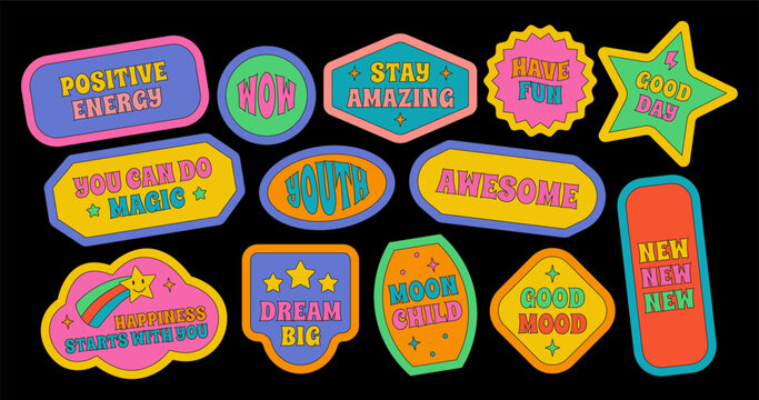 Collection of various patches, labels, tags, stickers, stamps, new collection. Vector set, trendy promo labels. Cool trendy retro stickers groovy, cartoon comic label patches. y2k , 90s graphic design