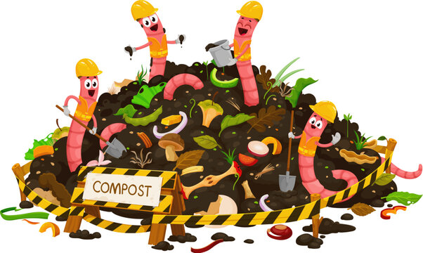 Cartoon earth worm builders characters in compost. Natural fertilizer, farming field and garden soil ecology, agriculture compost vector concept with earthworms happy personages in pile of leftovers