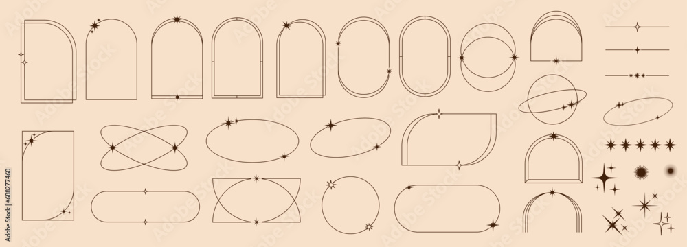 Poster minimal line frames and borders with star twinkles, sparkles and arch shapes, outline vector. simple