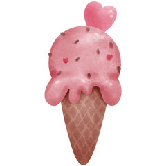 Hand drawn cute cartoon strawberry ice cream cone watercolor illustration.