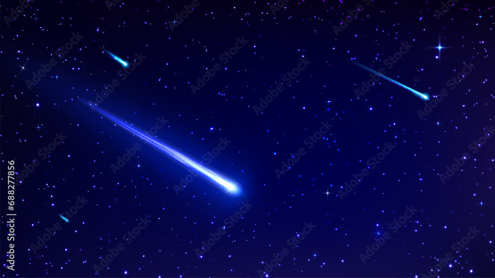 Poster star space sky with comets, asteroids or falling meteorites in starry galaxy, vector background. out