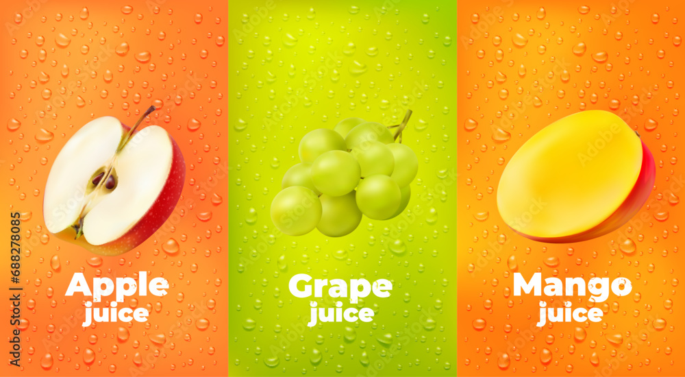 Wall mural Water drops juice background with apple, grape and mango fruits, vector product package. Realistic cut half apple, tropical mango and juicy grapes with water drops splash background for juice or food