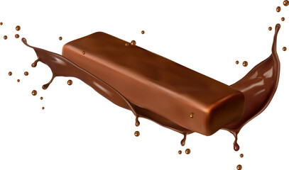 Chocolate bar with corona splash. Indulge in pure bliss with decadent choco dessert, adorned with a mesmerizing cocoa swirl. Isolated realistic 3d vector visually enticing, delicious, delightful treat