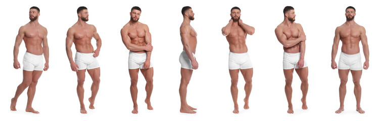Handsome man in stylish underwear on white background, set of photos
