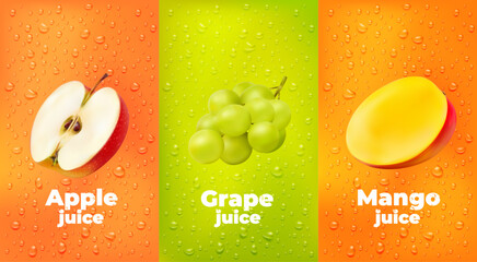 Water drops juice background with apple, grape and mango fruits, vector product package. Realistic cut half apple, tropical mango and juicy grapes with water drops splash background for juice or food - obrazy, fototapety, plakaty
