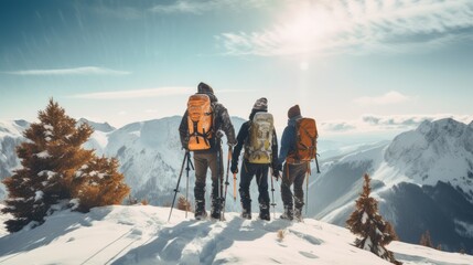 Friends traveling to winter mountains