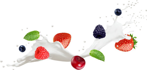 Milk, yogurt, dessert drink or cream flow splash with berries. Isolated realistic 3d vector dairy product, white liquid stream, fresh cocktail with strawberry, blackberry, raspberry, cherry, blueberry - obrazy, fototapety, plakaty